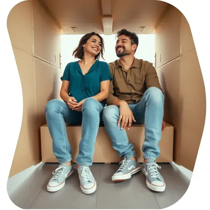 Two guys sitting on the floor of their apartment with Muval moving boxes